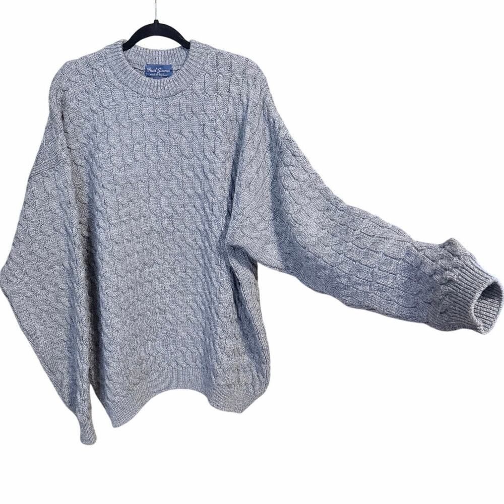 Vintage Paul James gray 100% wool men’s sweater XL England cable knit grandpa